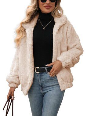 Women's Faux Fur Fall Winter Warm Fleece Jackets Full Zip Sherpa Jacket Apricot